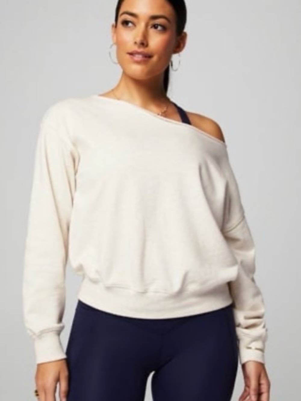 Fabletics Year Round Terry Off Shoulder Sweatshirt, Bone Heather, Large